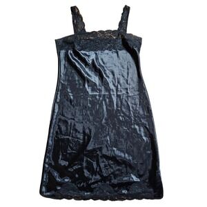 Vintage Wondermaid Satin Lace Trim Full Slip Dress 40 Black Made in USA 90s